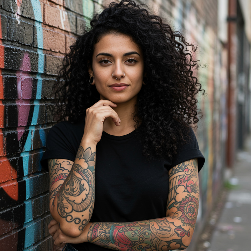 Dark Curly Hair Woman with Tattoos and Piercing Dark Curly Hair Woman with Tattoos and Piercing
