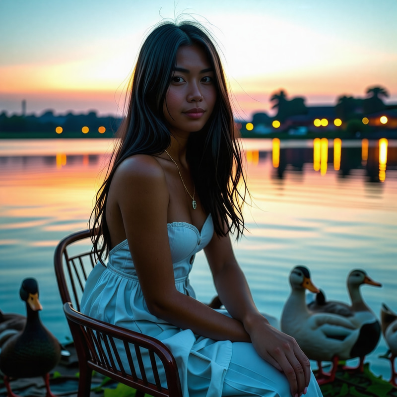 Pretty Malay Girl with Dimples by River at Evening