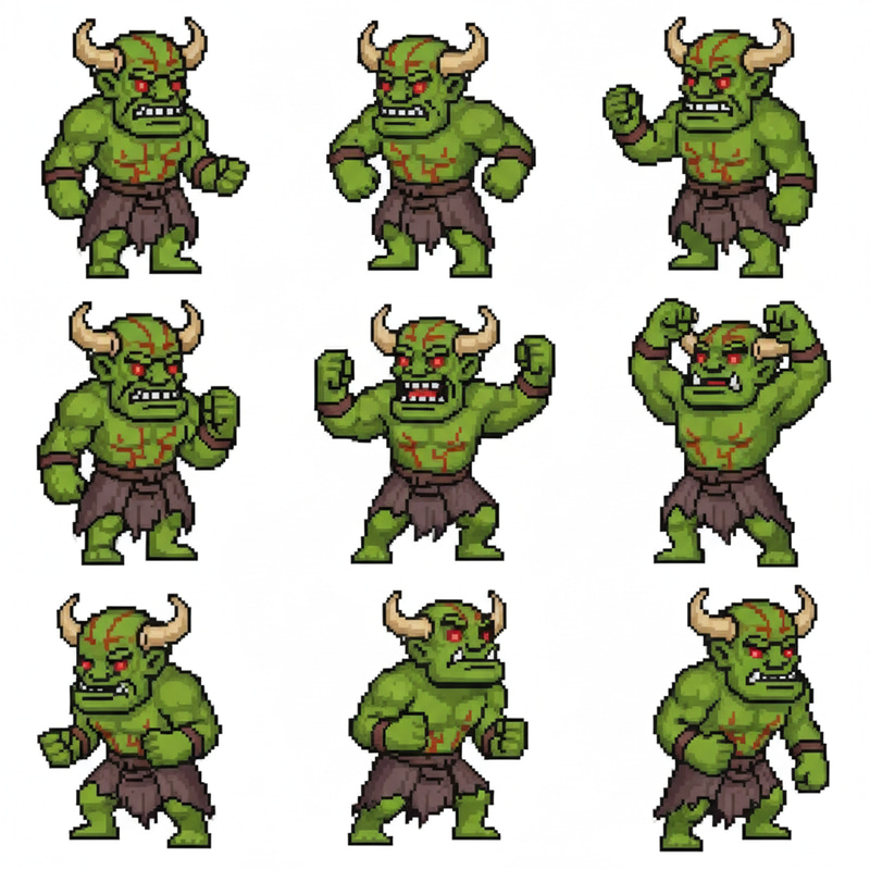16-Bit Green Monster Sprite Sheet Variations