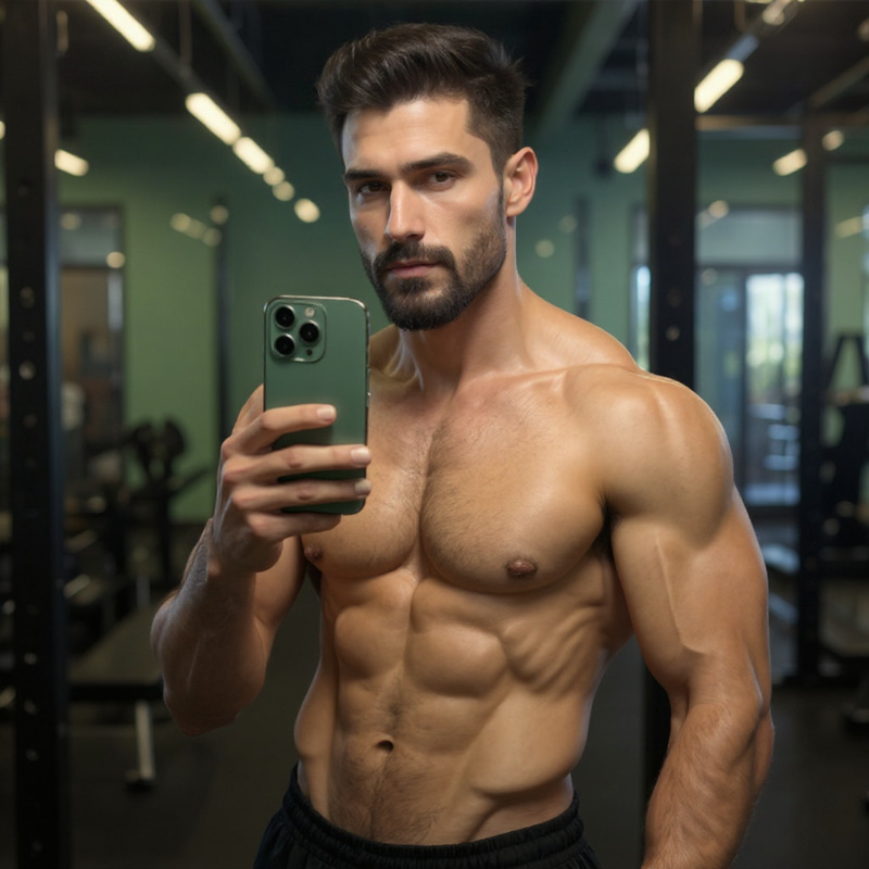 Stylish Fitness Model with iPhone in Gym – Digital Art