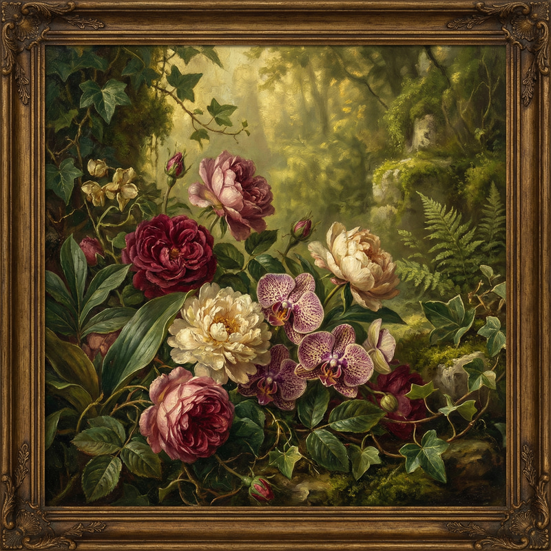 Vintage Botanical Oil Painting of Lush Gardens Vintage Botanical Oil Painting of Lush Gardens