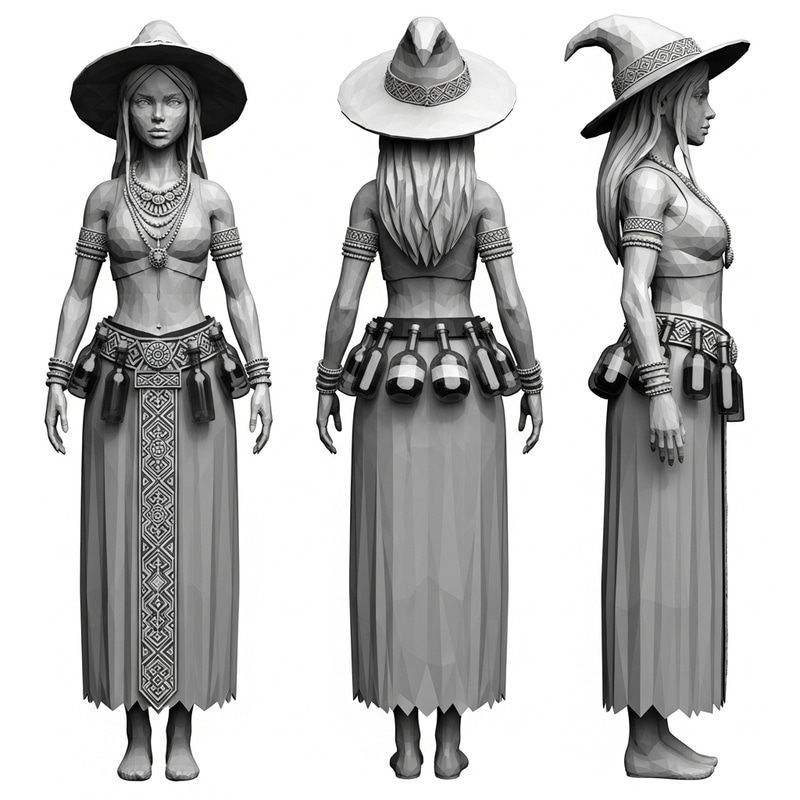 Low-Poly Slavic Witch Art - 3 Views