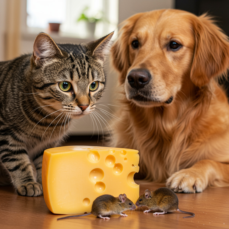 Adorable Cat and Dog with Mouse and Cheese Adorable Cat and Dog with Mouse and Cheese