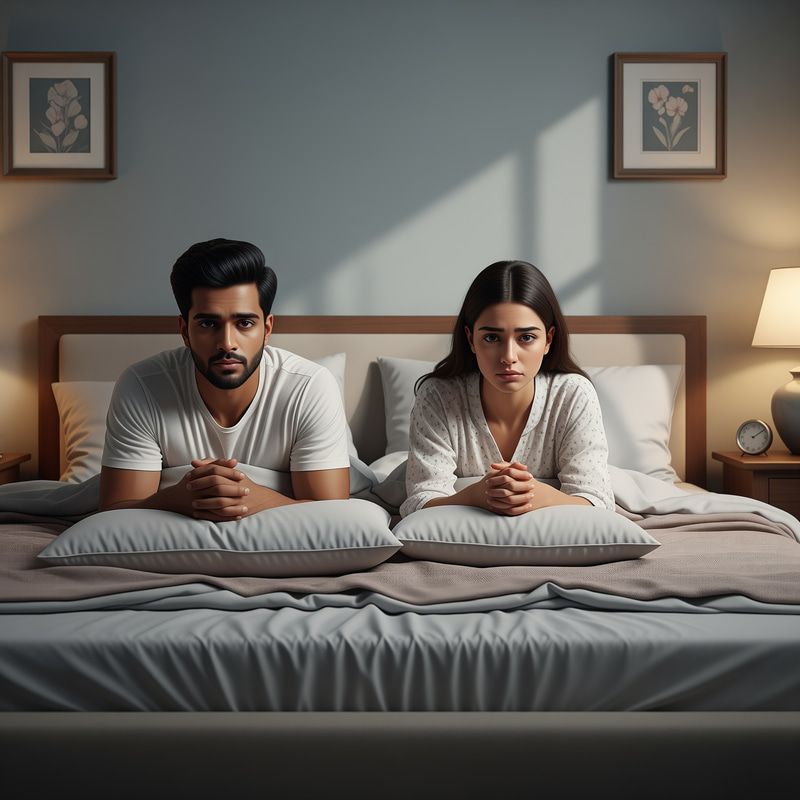 Couple's Melancholy Moment in a Serene Bedroom Couple's Melancholy Moment in a Serene Bedroom