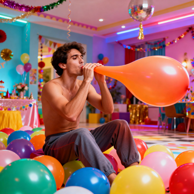 Playful Man with Colorful Balloons at Party Playful Man with Colorful Balloons at Party