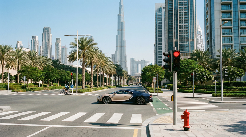 Dubai Modern Streets: Luxury Car at Traffic Light Dubai Modern Streets: Luxury Car at Traffic Light