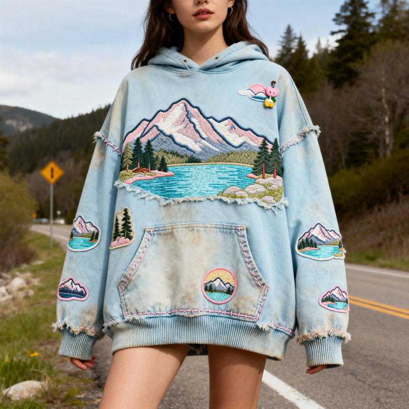 Vintage Embroidered Light Blue Hoodie