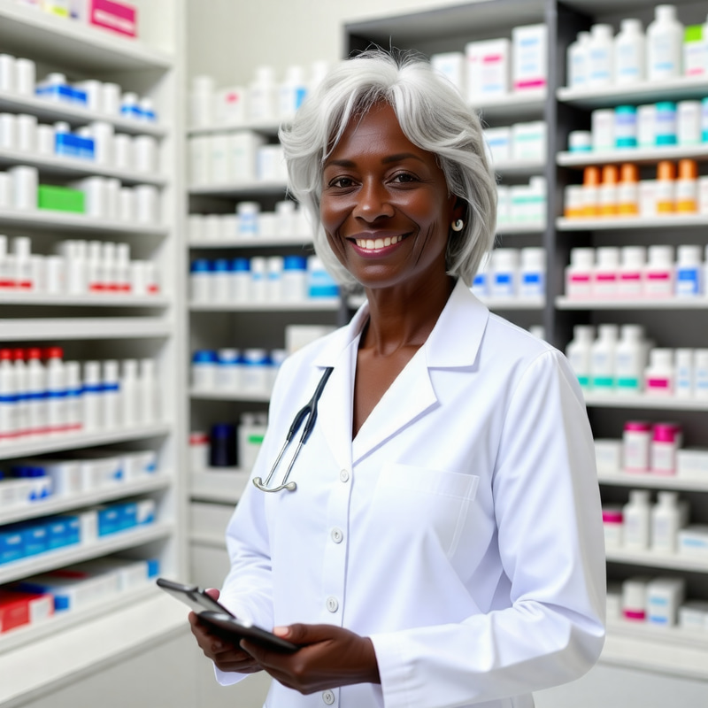 Smiling Elderly Black Pharmacist in Pharmacy Smiling Elderly Black Pharmacist in Pharmacy
