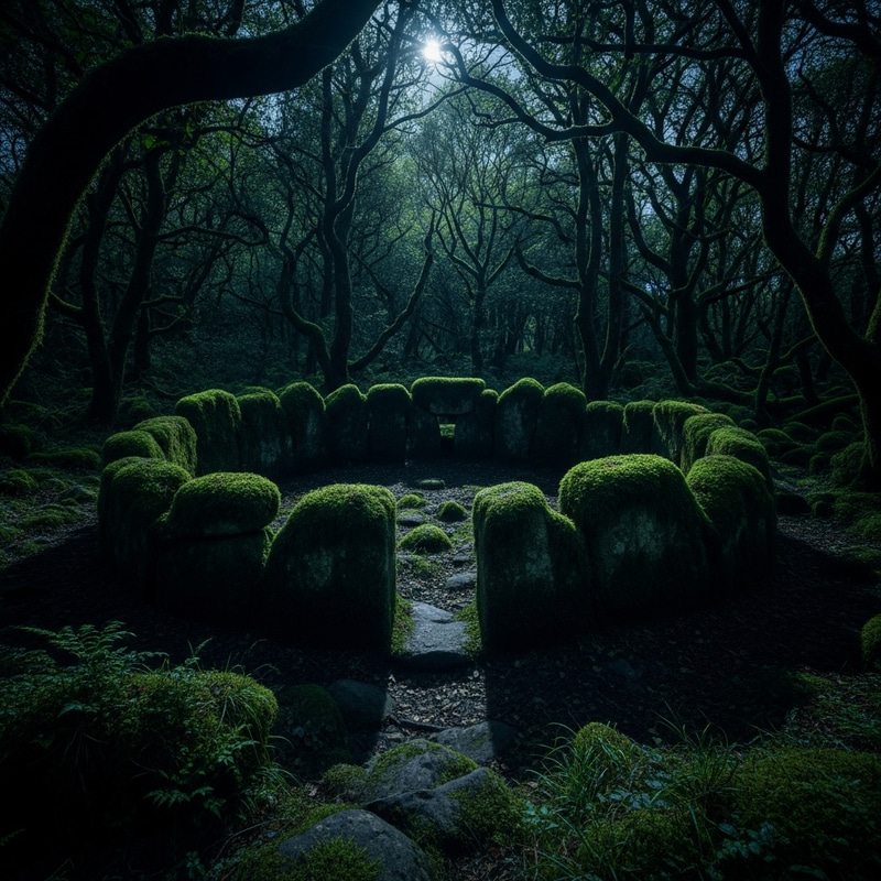 Moss-Covered Stone Circle in a Mysterious Forest Moss-Covered Stone Circle in a Mysterious Forest