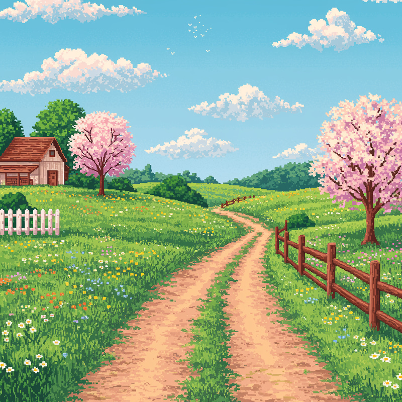 Dot Pixel Art: Early Summer Rural Scene Dot Pixel Art: Early Summer Rural Scene