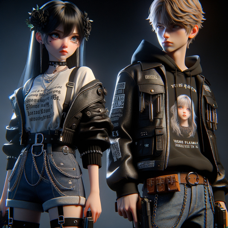 Asian Teenage Girl in Black Leather Jacket and Gun - Dramatic Night Scene with Blonde Teen Boy