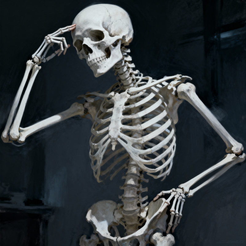 Thoughtful Skeleton Touches Forehead Thoughtful Skeleton Touches Forehead