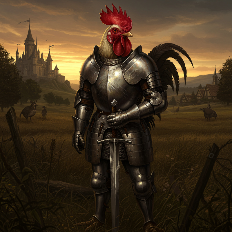 Medieval Anthropomorphic Rooster Paladin in Heavy Armor