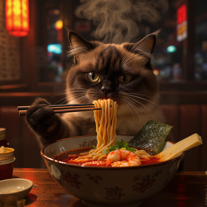 Charming Cat Enjoys Spicy Ramen at Night Bar