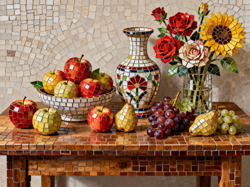 Mosaic Still Life: Fruits, Flowers, and Vase Art Mosaic Still Life: Fruits, Flowers, and Vase Art