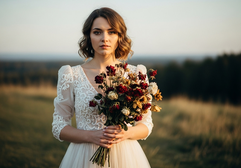 Elegant Wedding Dress with Wilted Bouquet Elegant Wedding Dress with Wilted Bouquet