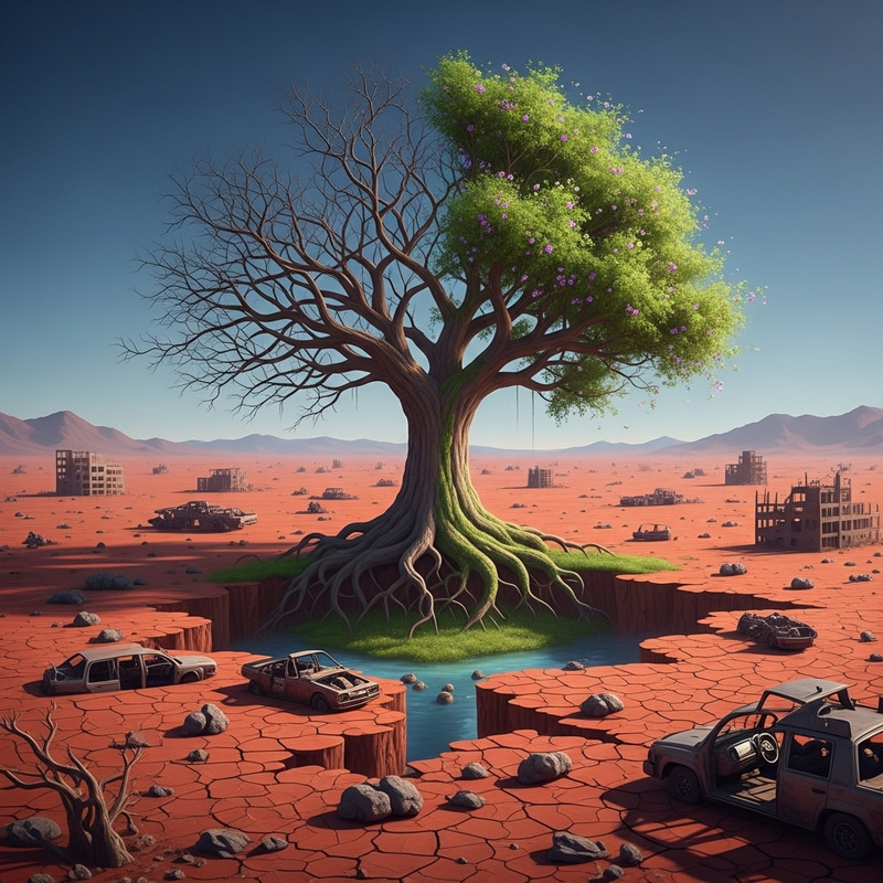 Martian Nuclear Apocalypse Landscape with Life Tree