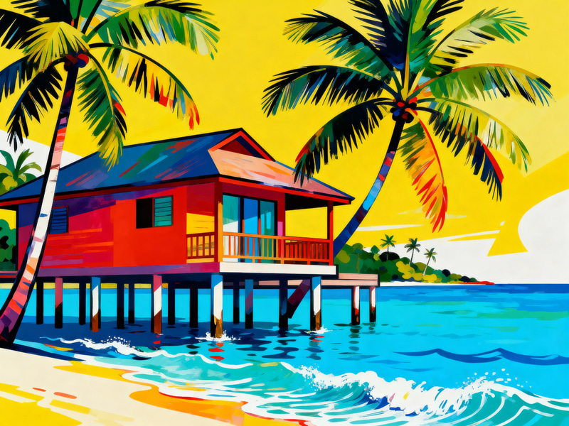 Vibrant Caribbean Water Bungalow Art