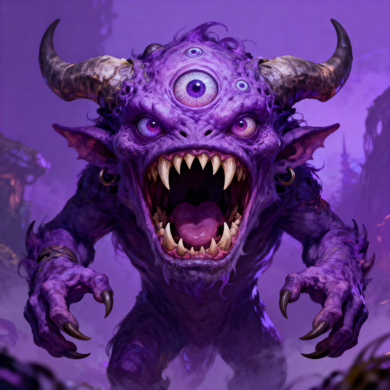 Violet Monster with Three Eyes and Four Arms