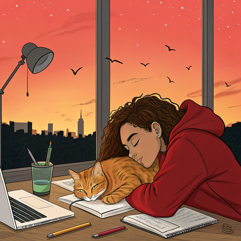 Dreamy Sunset with Sleepy Woman and Cat Dreamy Sunset with Sleepy Woman and Cat