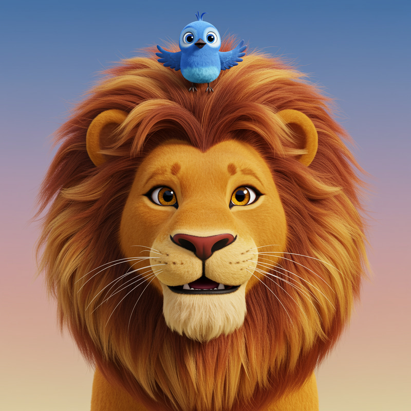 Cartoon Lion with Blue Bird in Focus Cartoon Lion with Blue Bird in Focus