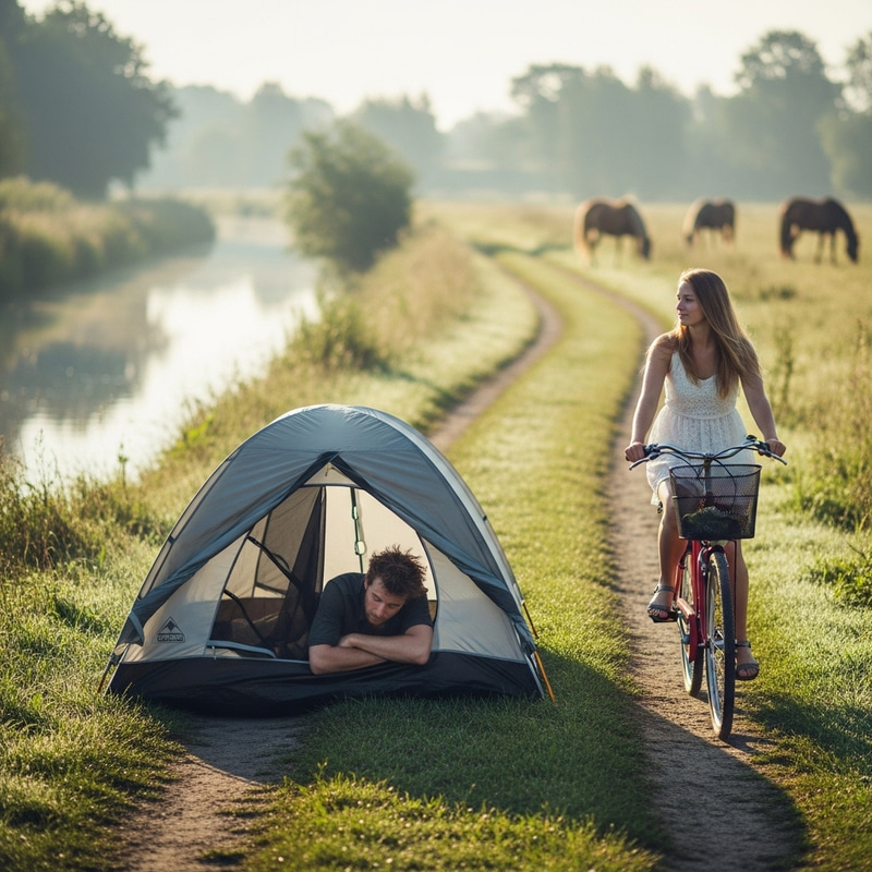 Serene Morning Landscape with Tent and Biking Woman Serene Morning Landscape with Tent and Biking Woman