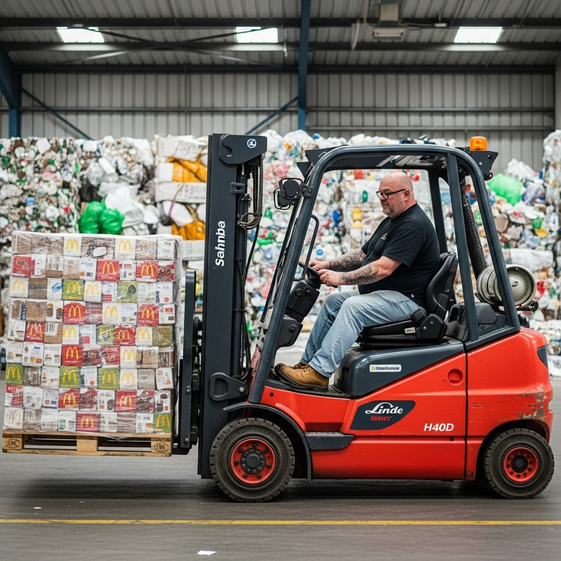 Exhausted Man Drives Forklift at Recycling Plant Exhausted Man Drives Forklift at Recycling Plant