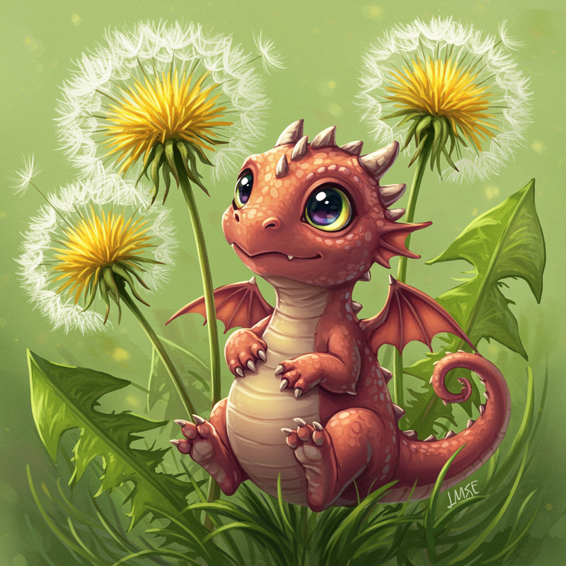 Whimsical Baby Dragon Among Dandelions Whimsical Baby Dragon Among Dandelions