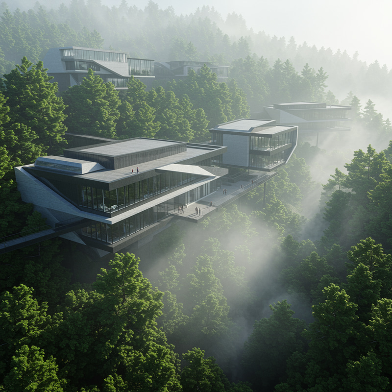 Modern Architecture in a Misty Forest Setting Modern Architecture in a Misty Forest Setting