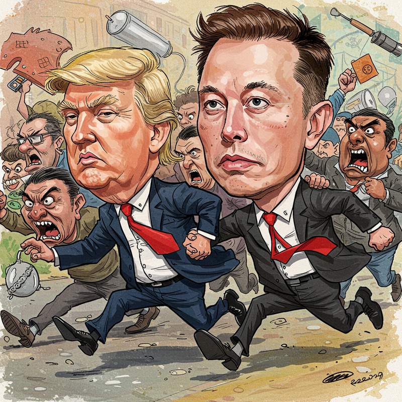 Trump and Musk in Caricature: A Crowd Chases! Trump and Musk in Caricature: A Crowd Chases!
