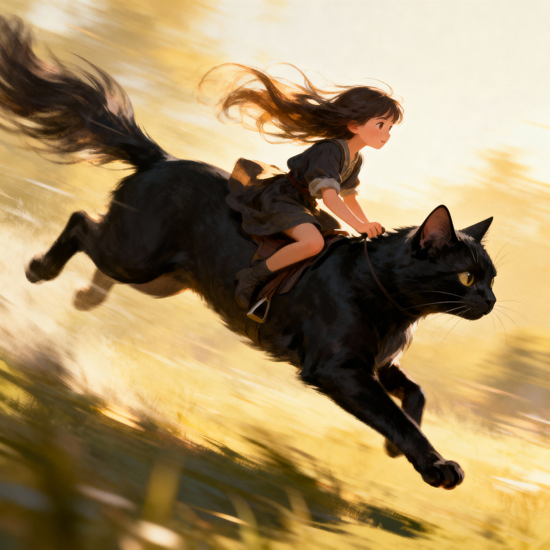 Girl Riding Black Cat Soaring in the Wind Girl Riding Black Cat Soaring in the Wind