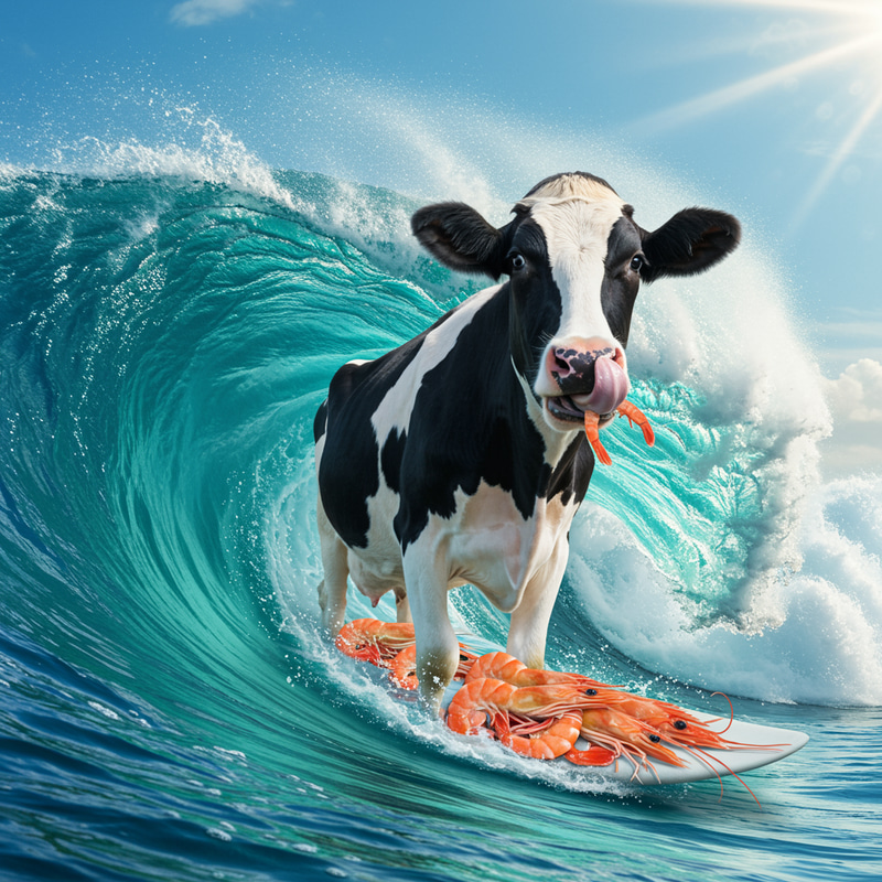 Surfing Cow Eating Shrimp - Funny Image Surfing Cow Eating Shrimp - Funny Image