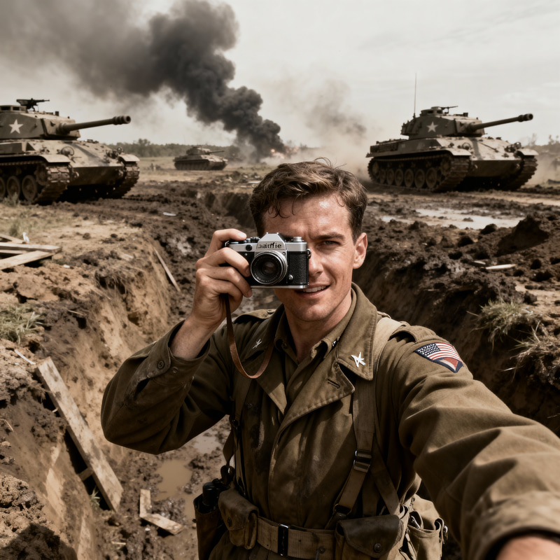 WW2 American Soldier Taking a Selfie in Battle