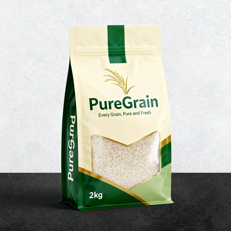 PureGrain Rice Packaging – 2 kg Stand-Up Pouch
