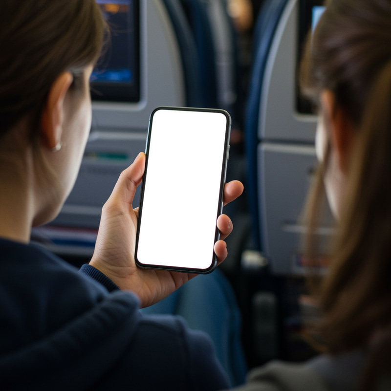 Woman on French Plane Using Phone Woman on French Plane Using Phone