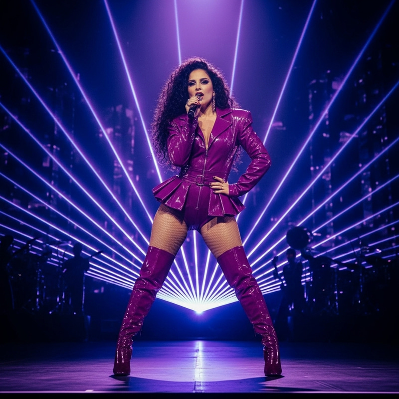 Spanish Singer in Flashy Purple Outfit on Stage