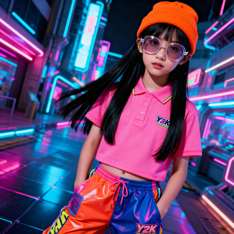 Stylish Girl in Orange Hat and Y2K Fashion