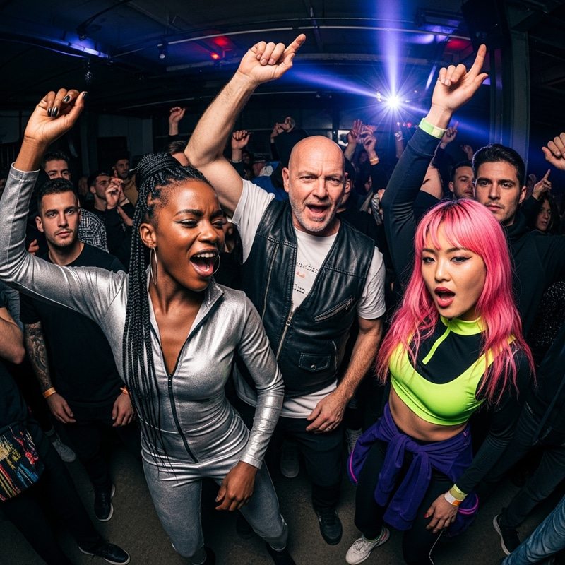 Energetic Crowd Dancing at Techno Party