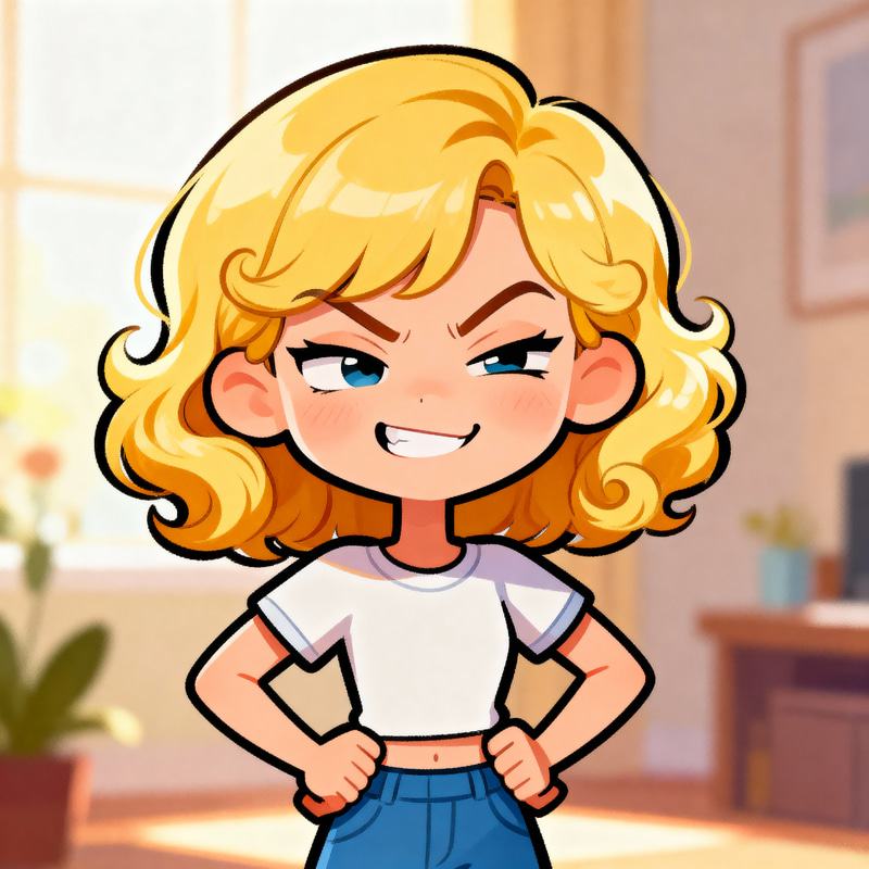 Mean Cartoon Girl with Curly Blond Hair
