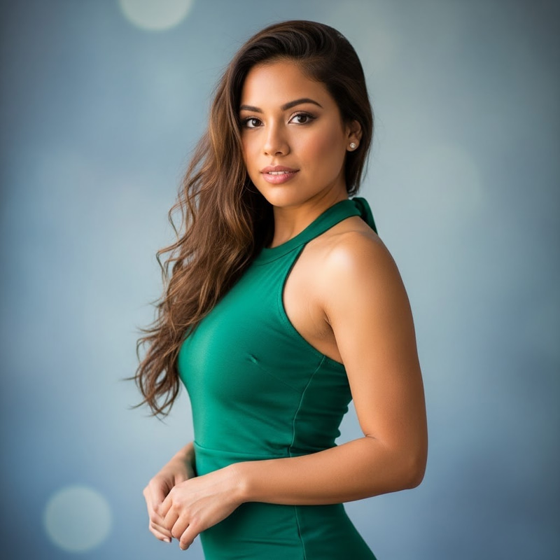 Curvy Young Woman with Wavy Hair & Tanned Skin