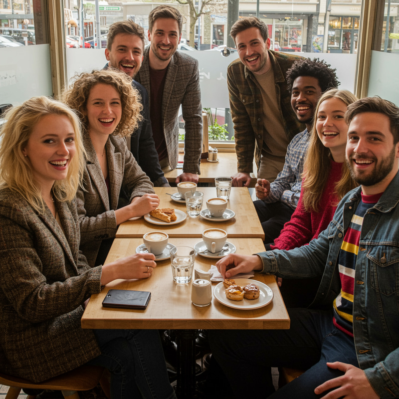 7 Friends Enjoying Laughter at a Cafe 7 Friends Enjoying Laughter at a Cafe