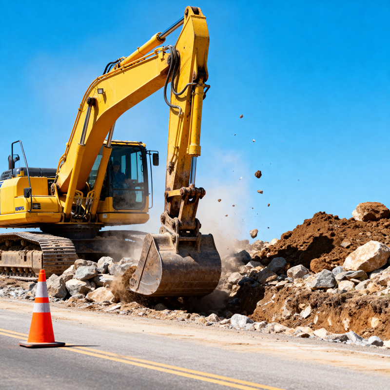 Powerful Excavator in Road Construction Scene