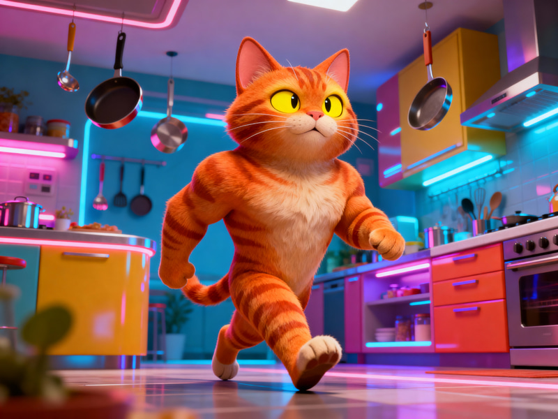 Playful 3D Cartoon Cat in Futuristic Kitchen Playful 3D Cartoon Cat in Futuristic Kitchen