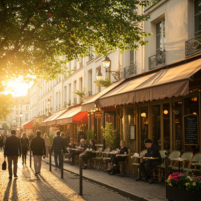 Charming Sunny Street with Elegant Cafés Charming Sunny Street with Elegant Cafés