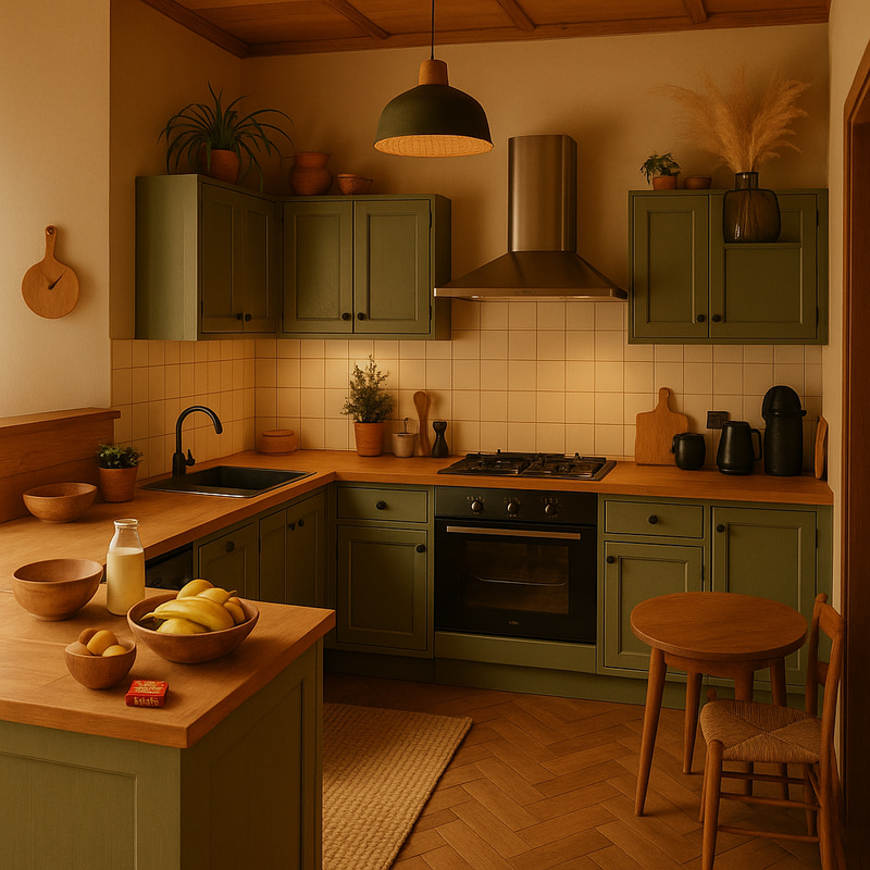 Warm Wooden and Green Kitchen Design