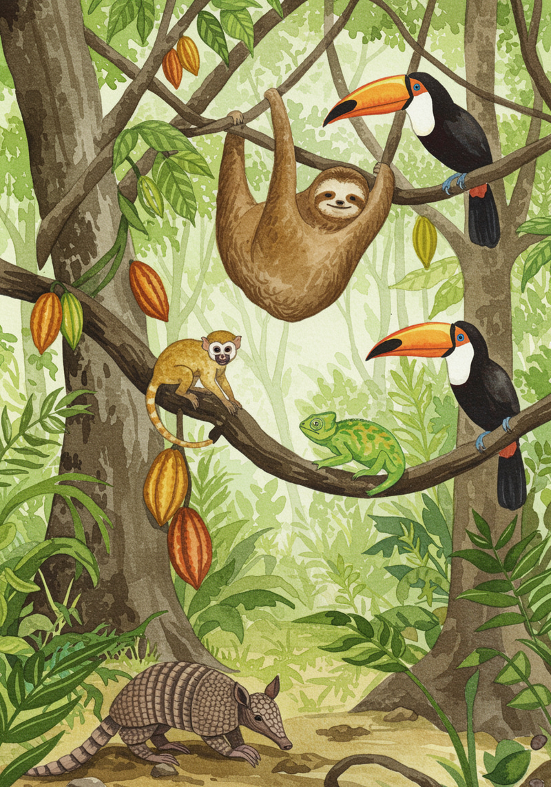 Amazon Rainforest Watercolor with Cocoa Trees & Wildlife Amazon Rainforest Watercolor with Cocoa Trees & Wildlife