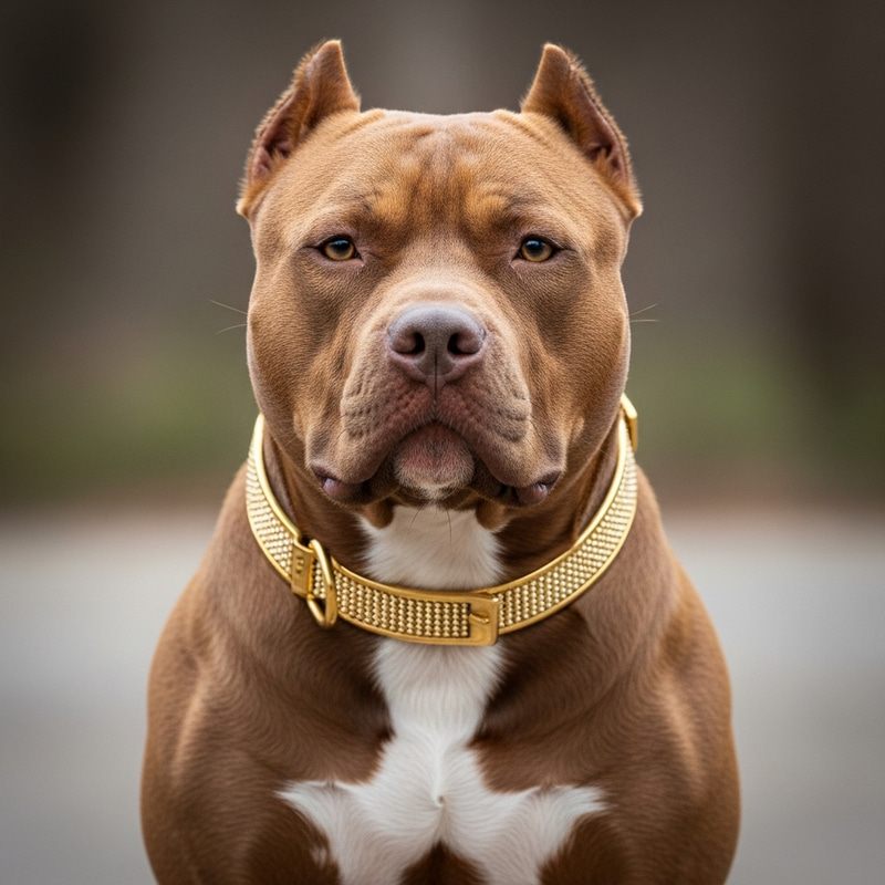 Strong Brown Pit Bull with Beautiful Gold Collar