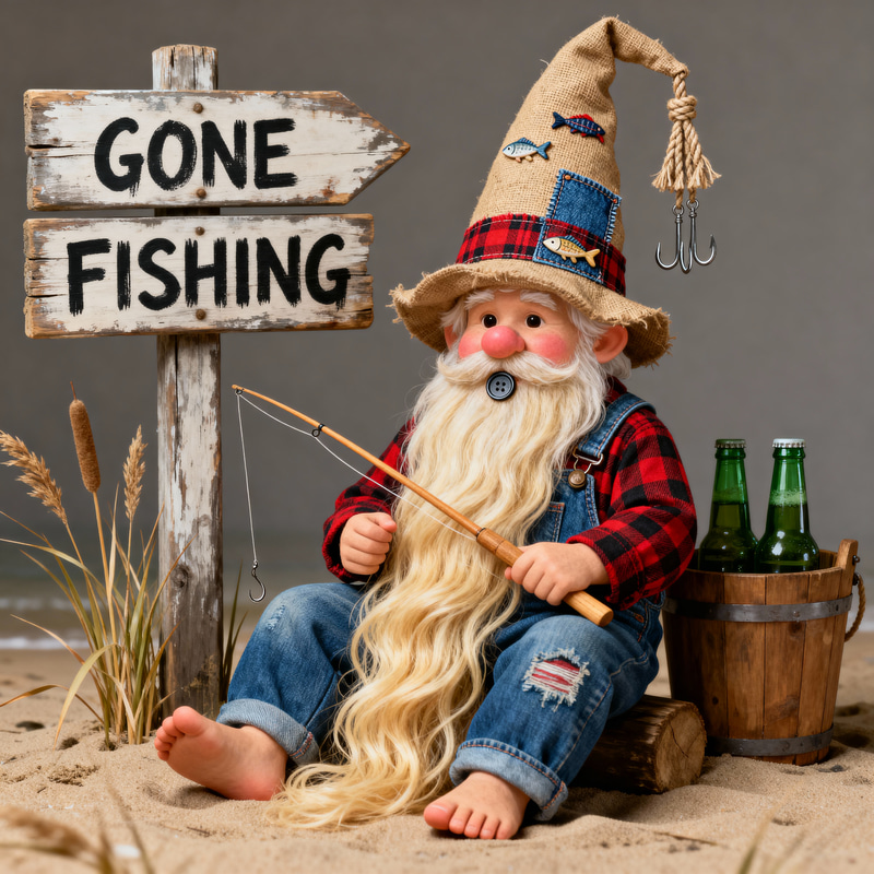 Charming Garden Gnome: Relaxed Fishing Pose Charming Garden Gnome: Relaxed Fishing Pose