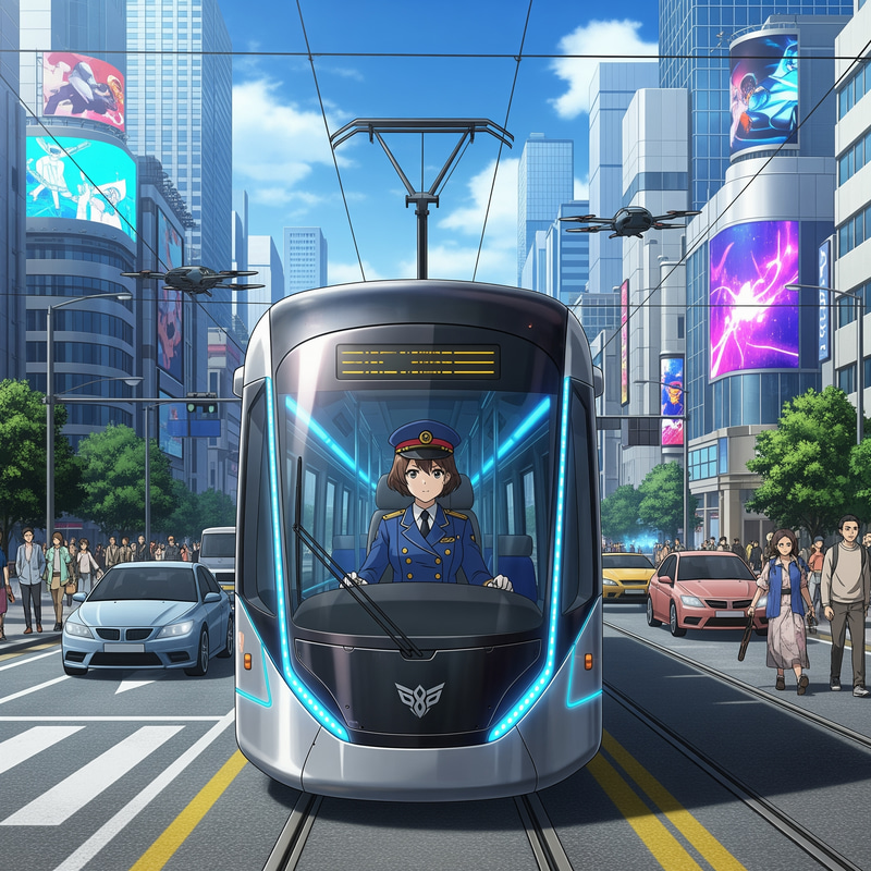 Modern Streetcar in City Scene - Female Conductor Modern Streetcar in City Scene - Female Conductor