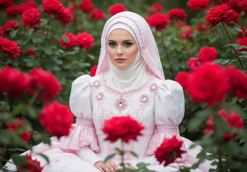 Elegant Woman in Pink Hijab and Dress in Rose Garden Elegant Woman in Pink Hijab and Dress in Rose Garden